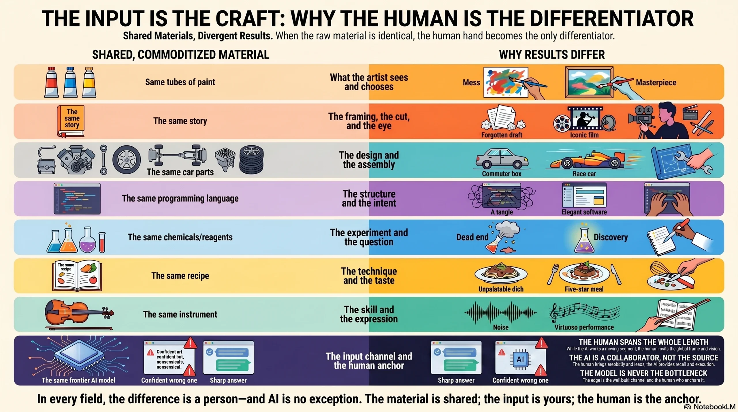 Shared materials, divergent results &mdash; the same tubes of paint, the same story, the same car parts, the same programming language, the same chemicals, the same recipe, the same instrument, and the same frontier AI model each produce opposite outcomes because of the human hand and the input; in every field the difference is a person